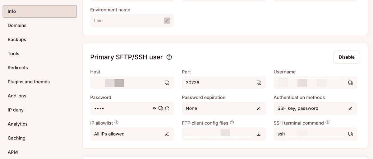 The MyKinsta Info screen showing SSH connection details including the host IP address, port number, username, password, and a copy-to-clipboard button for the SSH terminal command.