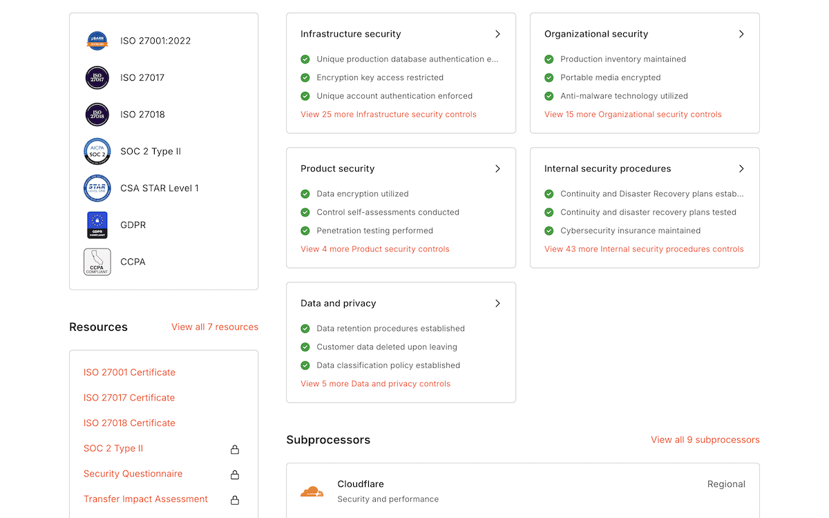 The Kinsta Trust Center showing various compliance controls, trust seals, and other resources.