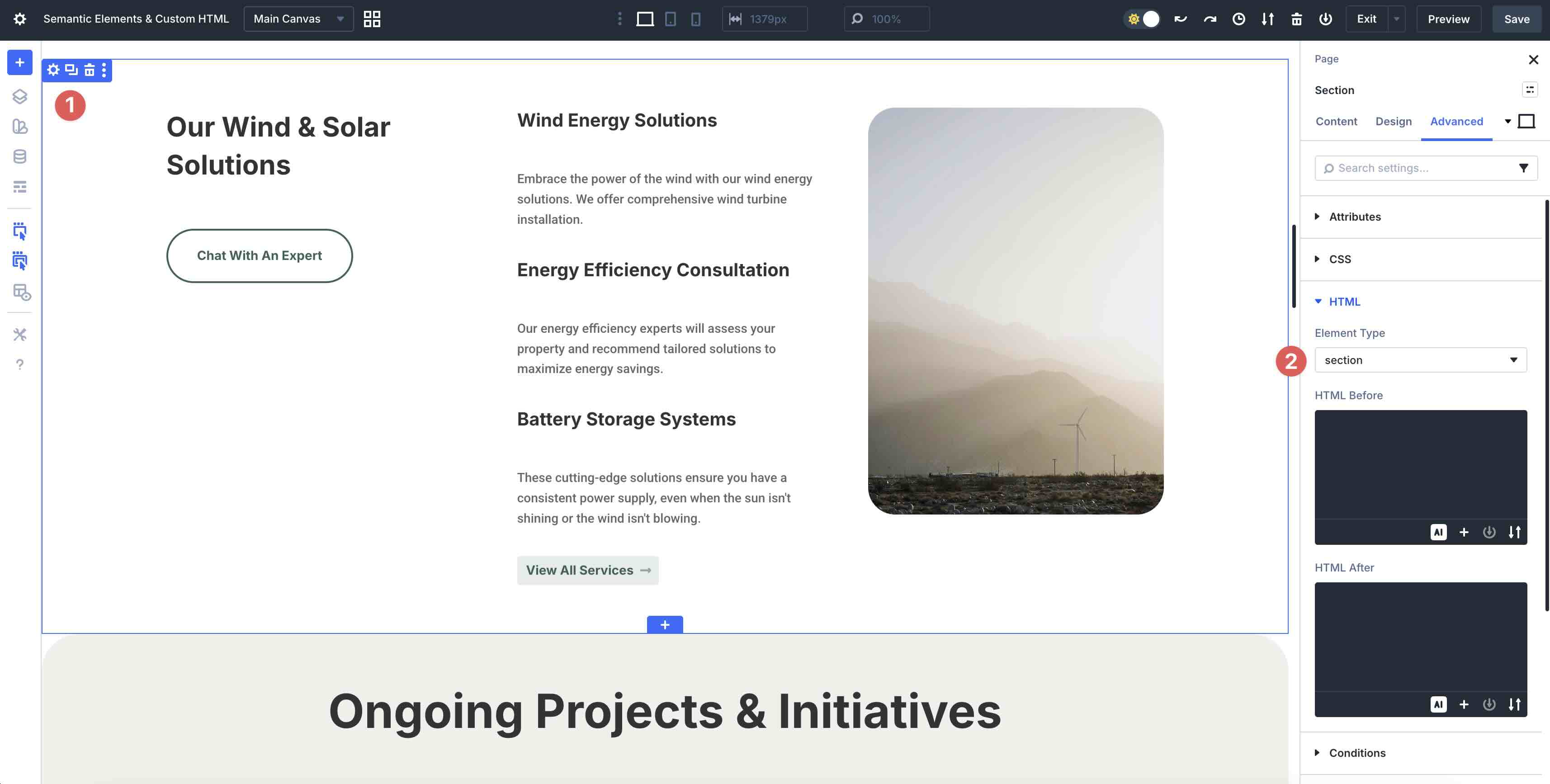 using semantic section tags in Divi 5