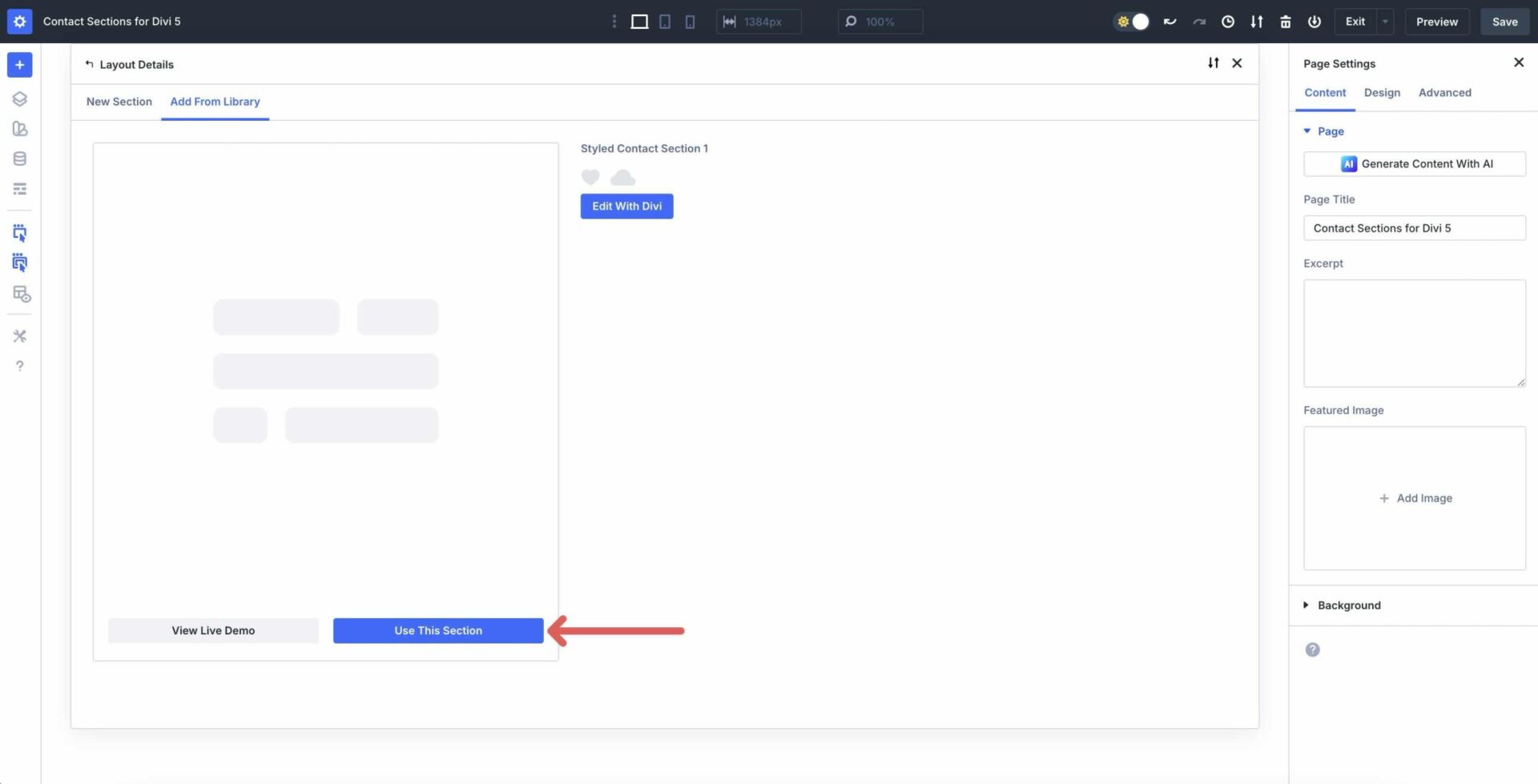 load a premade section in Divi 5