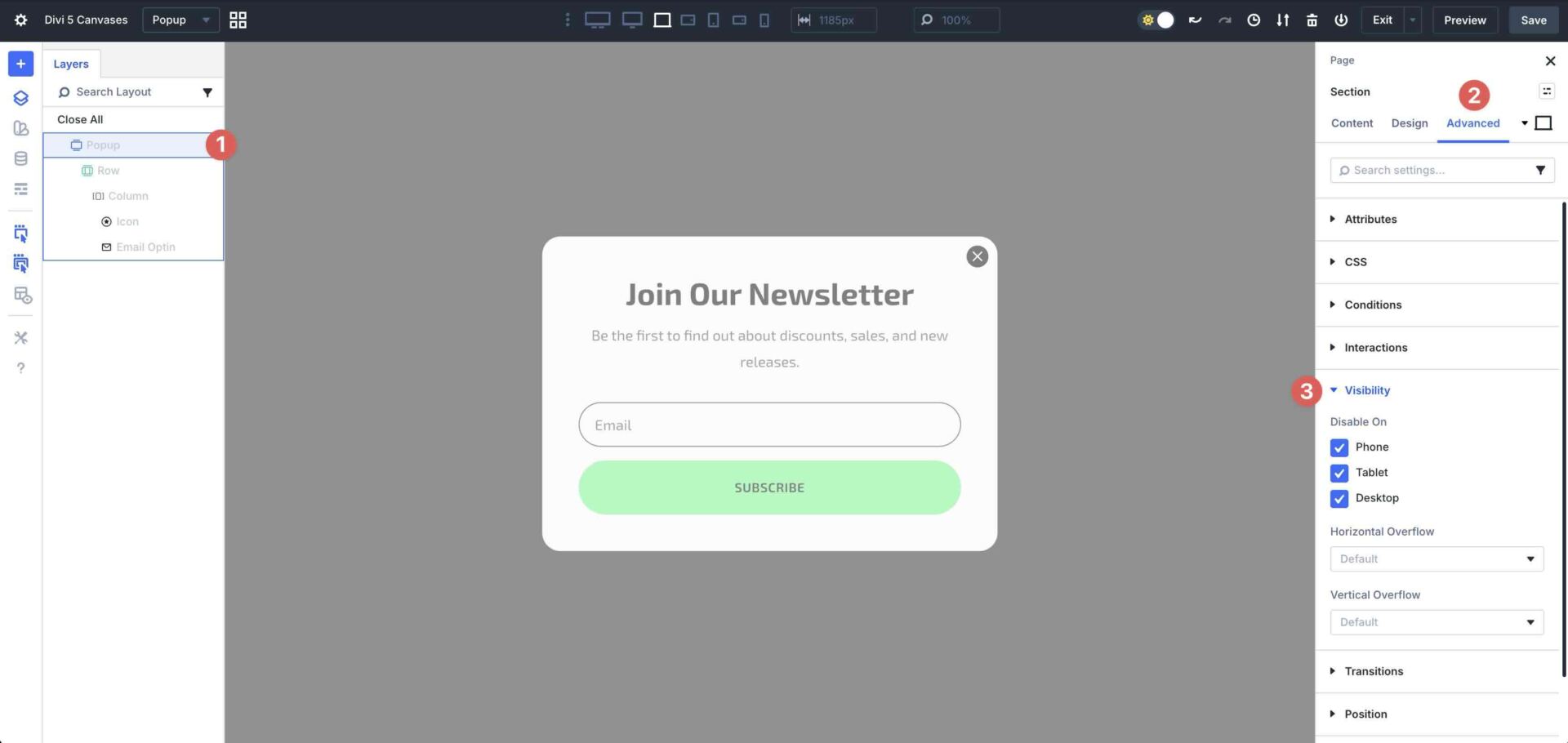 visibility settings in Divi 5