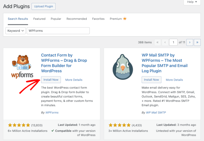 The Install Now button on the WPForms search result when adding a new plugin on WordPress