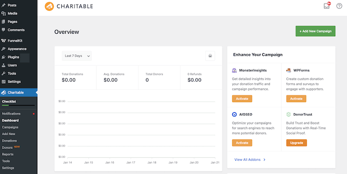 The WP Charitable user interface