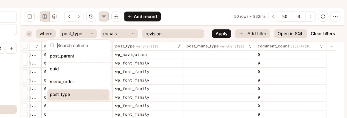 Database Studio displaying wp_posts filters to show only revision post types, with various columns showing different database metadata.