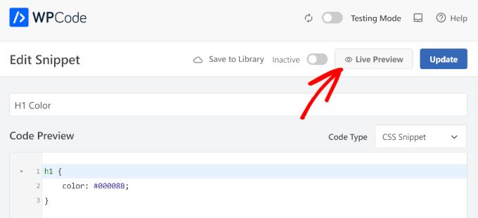 WPCode live CSS preview