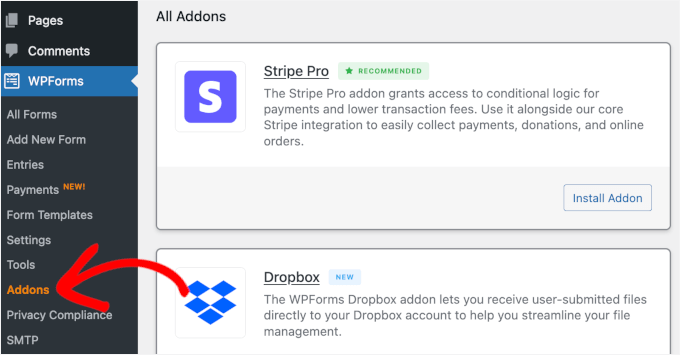 Accessing the WPForms Addons page