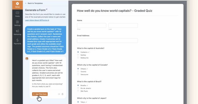 WPForms AI form builder Quiz template