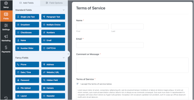 The Terms of Service template in the form builder