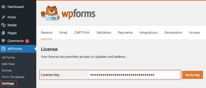 Enter Your WPForms License Key