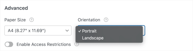 Paper size and orientation settings