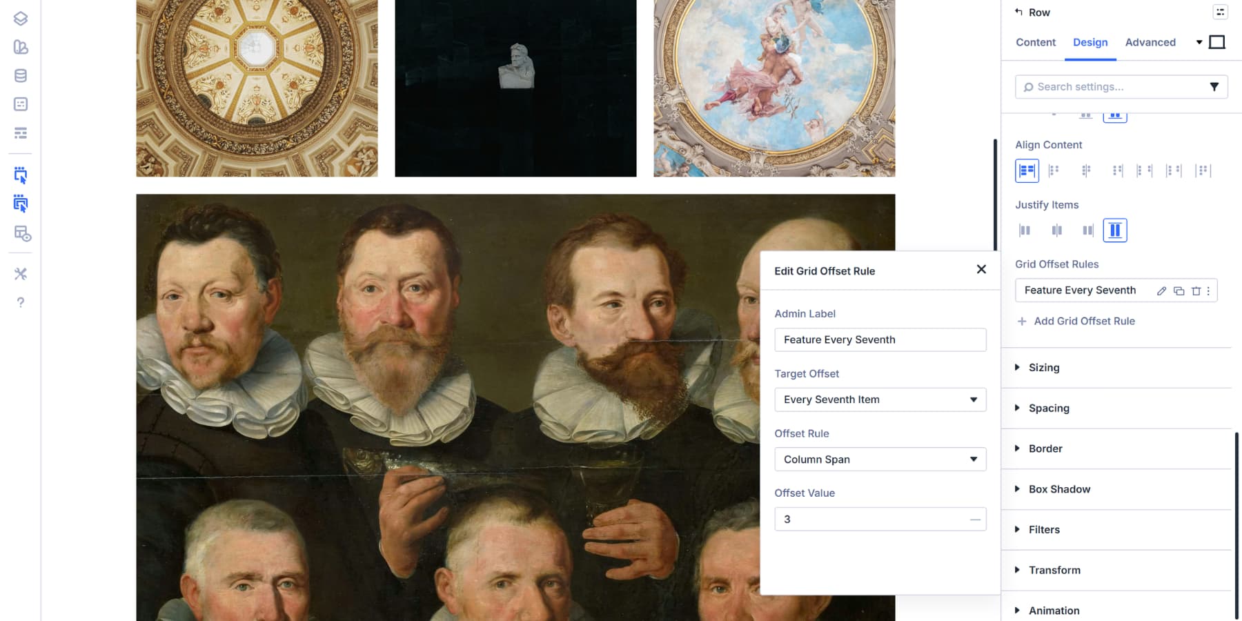 A screenshot of adding a column span grid offset rule for a gallery grid item in Divi 5