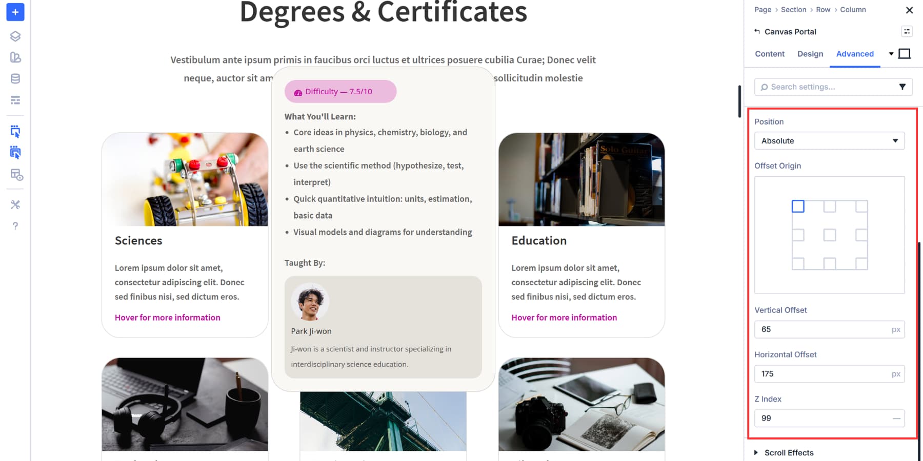 A screenshot of adding appropriate offset settings to the canvas portal's position