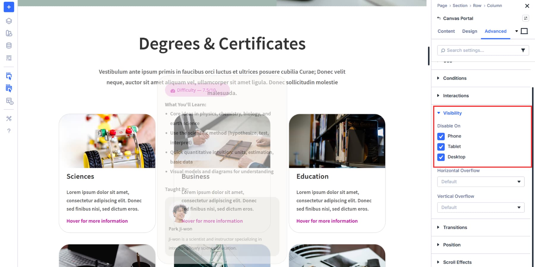 A screenshot of hiding the canvas portal on all breakpoints