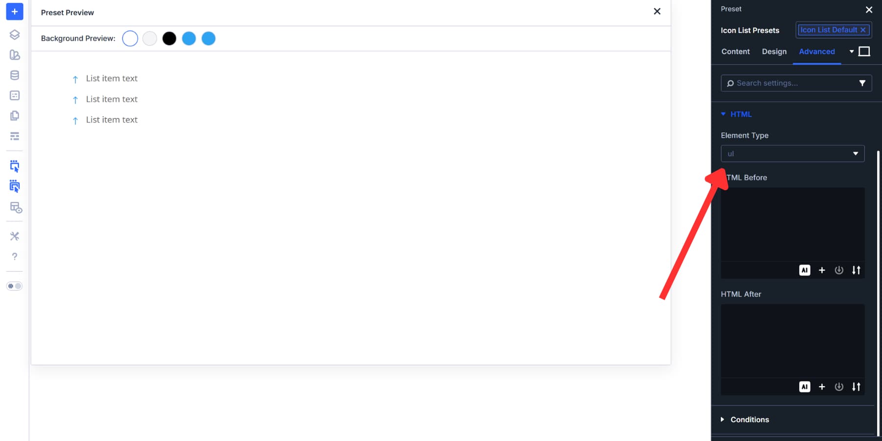 A screenshot of how to add a new HTML element type to Element Preset with ul as the type
