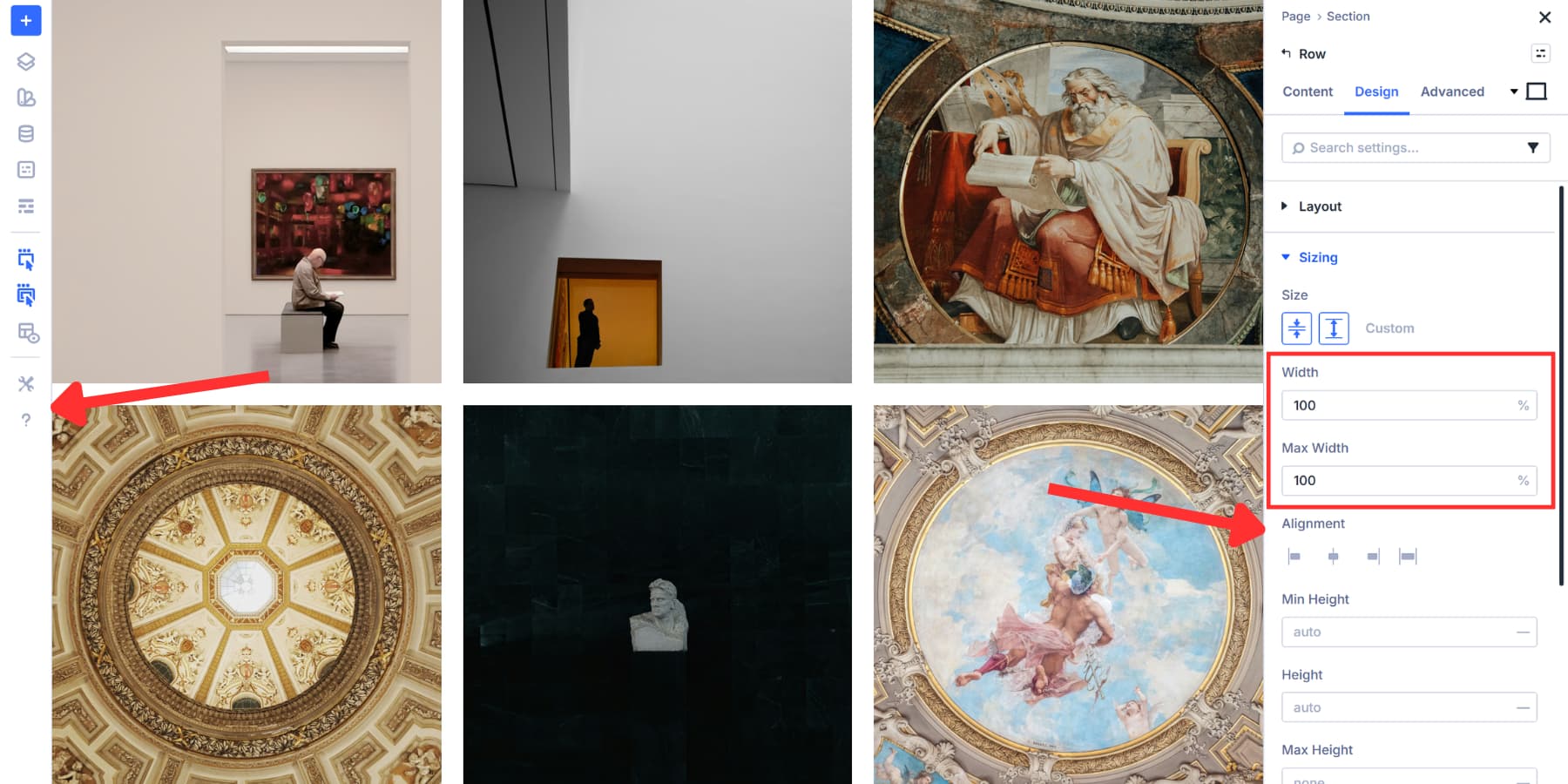 A screenshot of how to set 100% width on the gallery rows