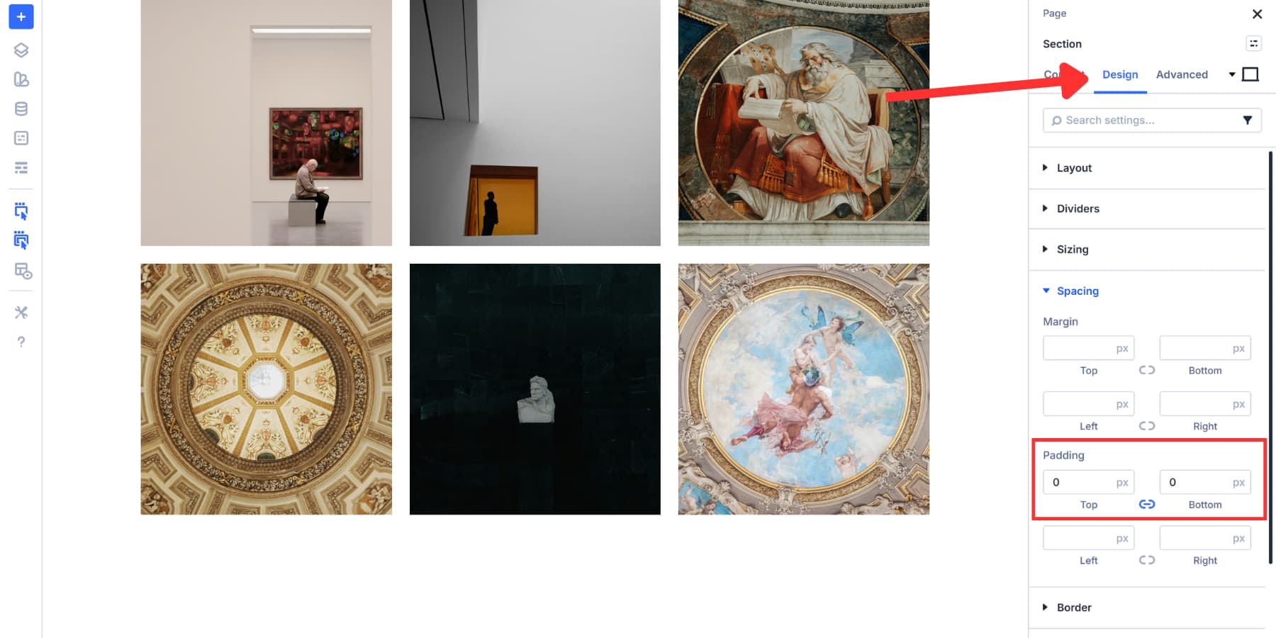 A screenshot of how to set the 0 top and bottom section padding