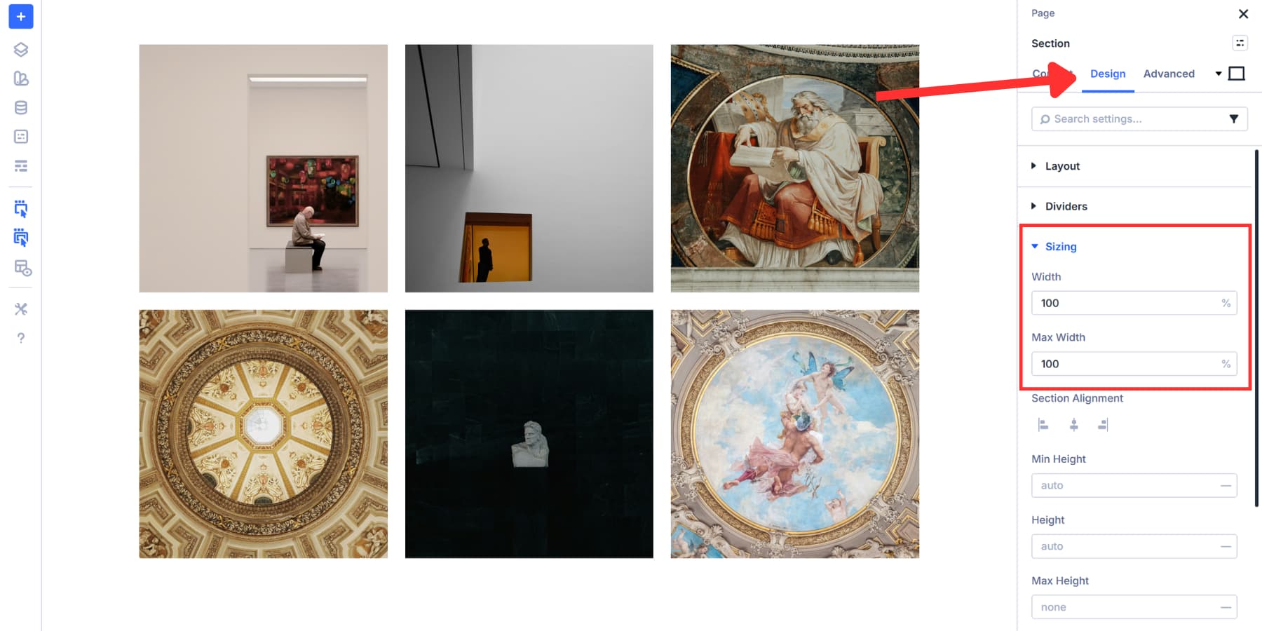 A screenshot of how to set the gallery section width as 100%