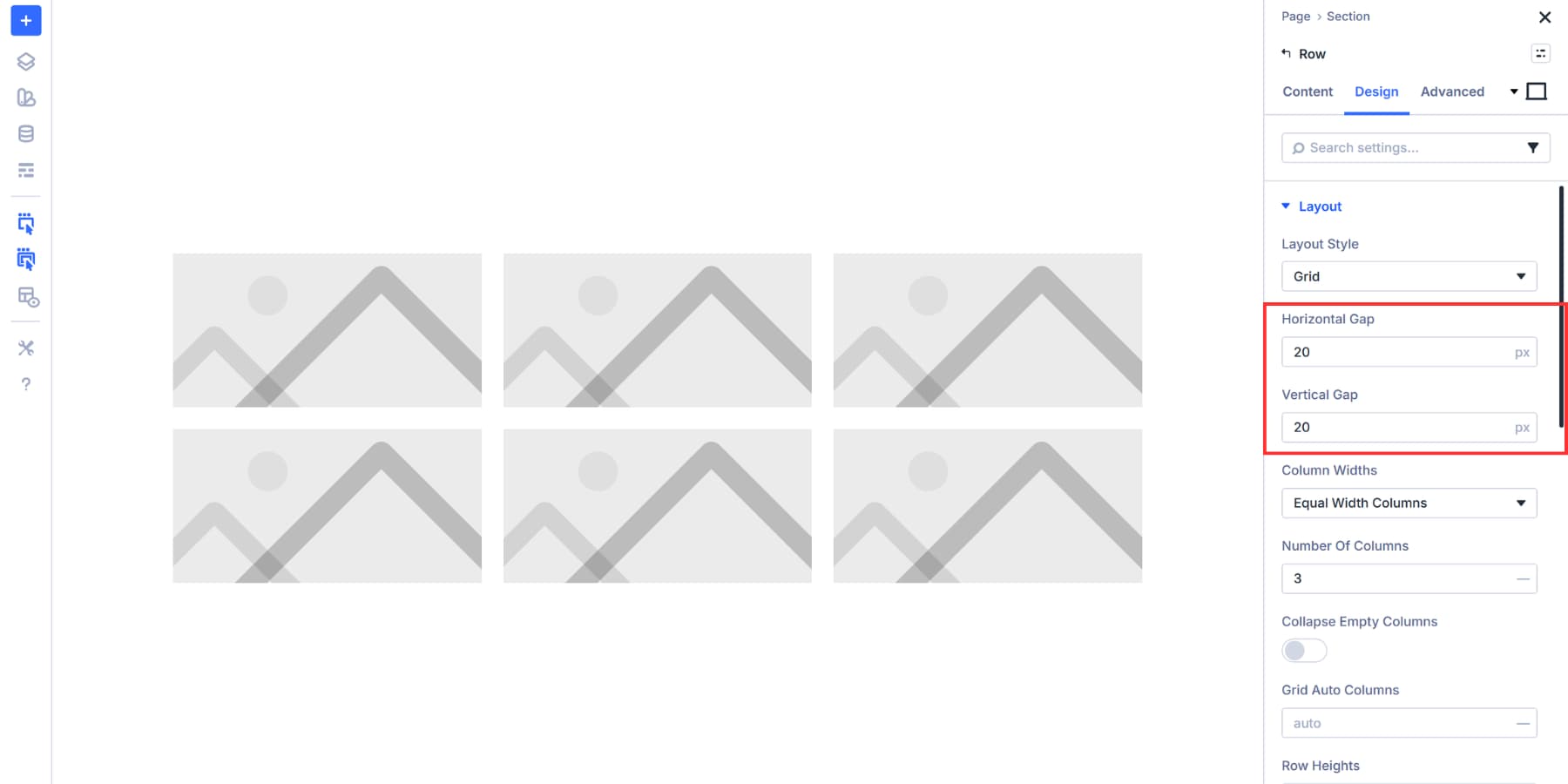 A screenshot of the horizontal and vertical gaps for grid gallery in Divi 5