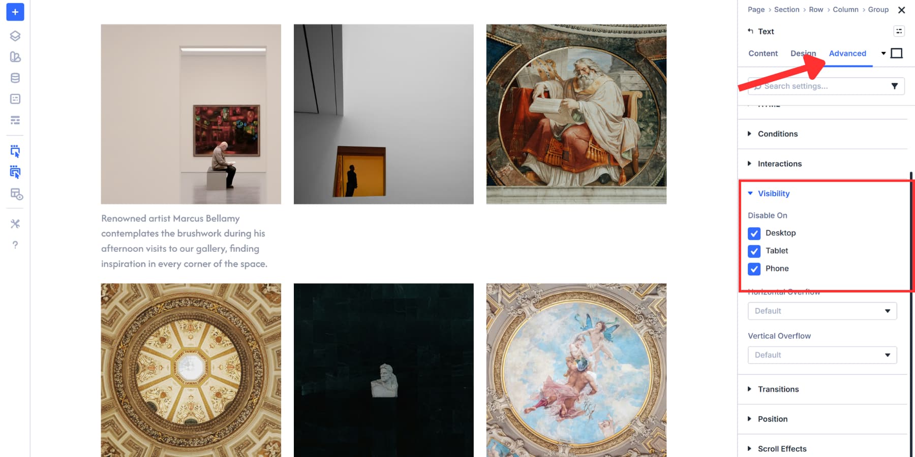 A screenshot of toggling hidden visibility to the image's caption in Divi 5