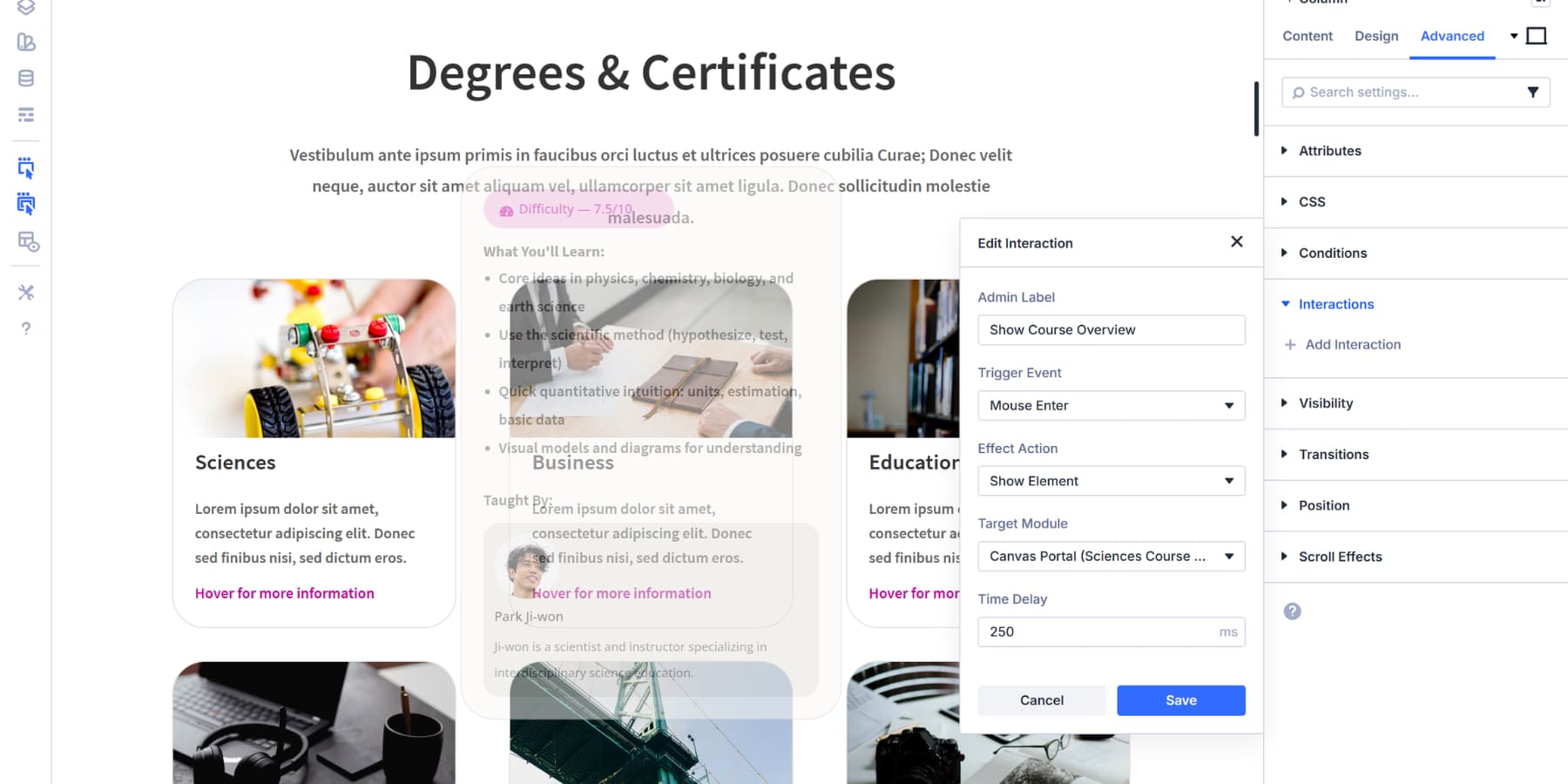 A screenshot of what interactions to add to the canvas portal