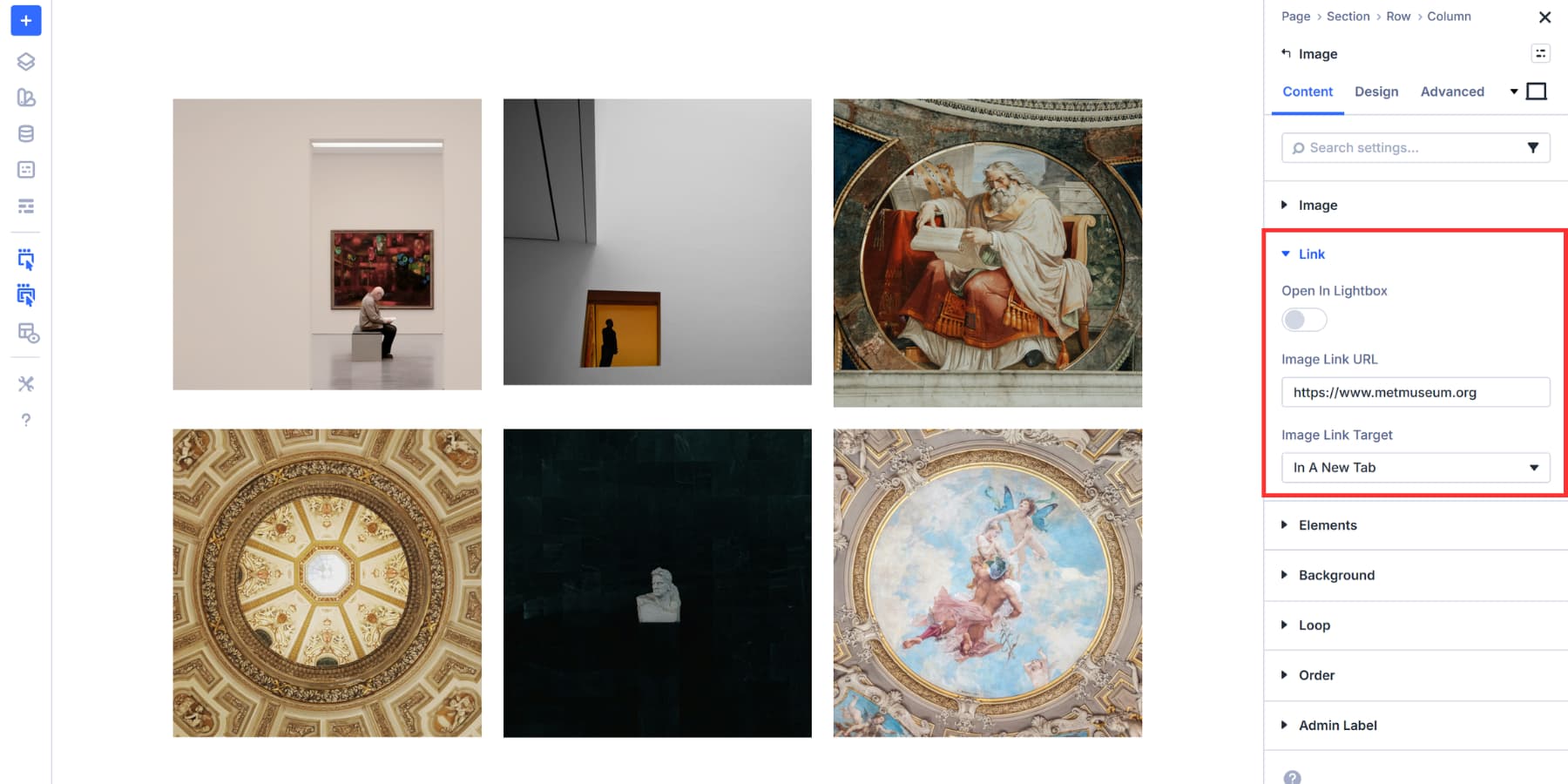 A screenshot of where to add a link and a lightbox to your gallery images