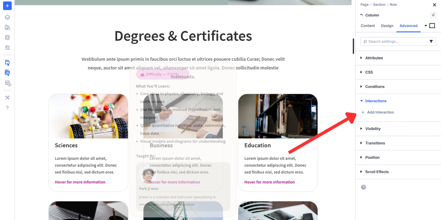 A screenshot of where to add an interaction in Divi 5