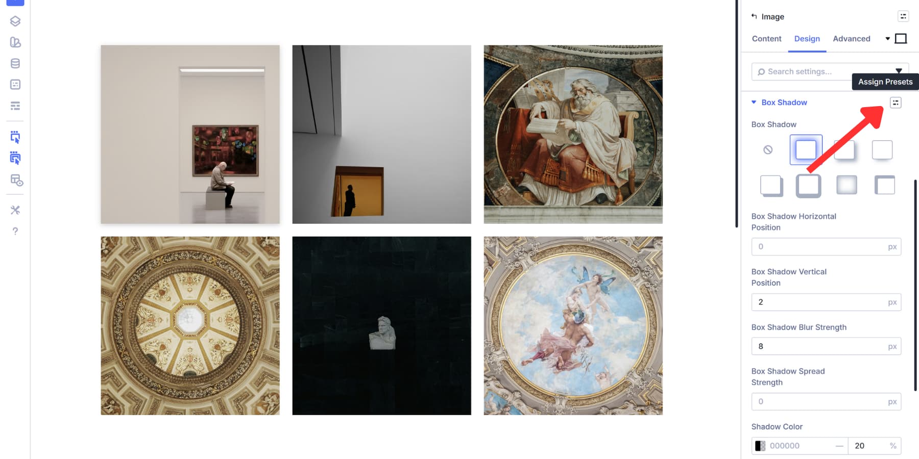 A screenshot of where to find the option group preset option for the various design settings for your gallery image