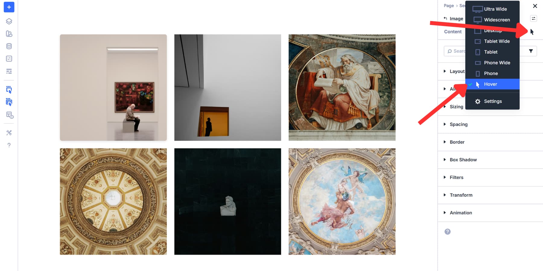 A screenshot of where to find the hover settings option