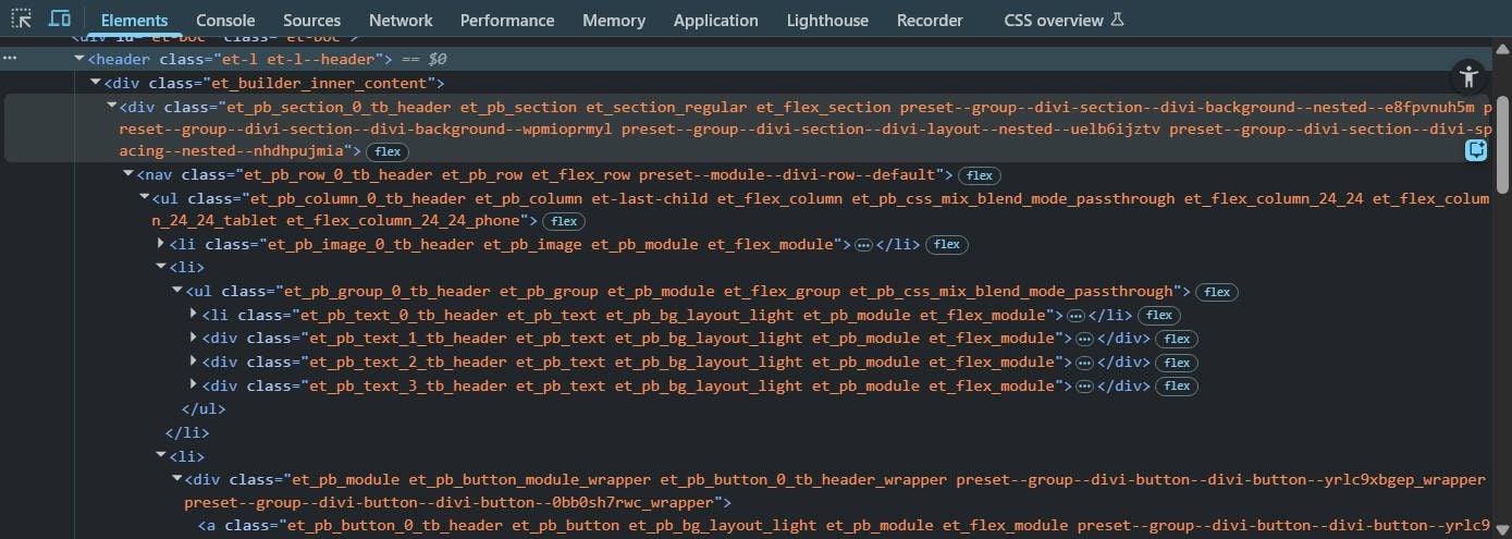 DOM View from Browser Dev Tools of the Header
