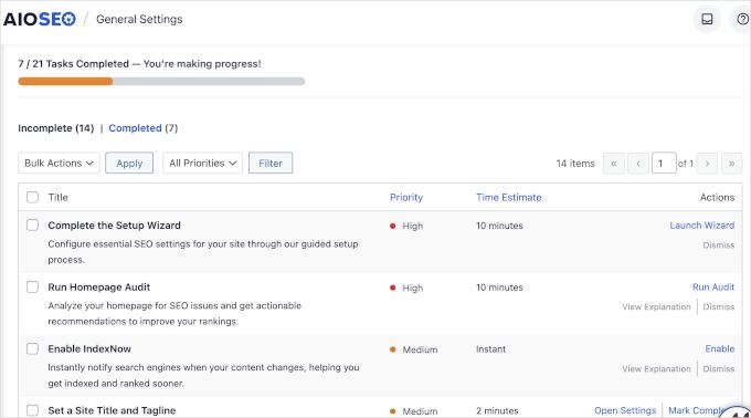 Actionable items in AIOSEO checklist