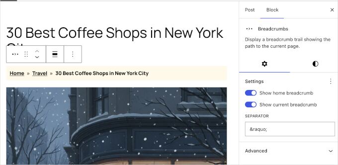 Breadcrumbs block in WordPress 7.0