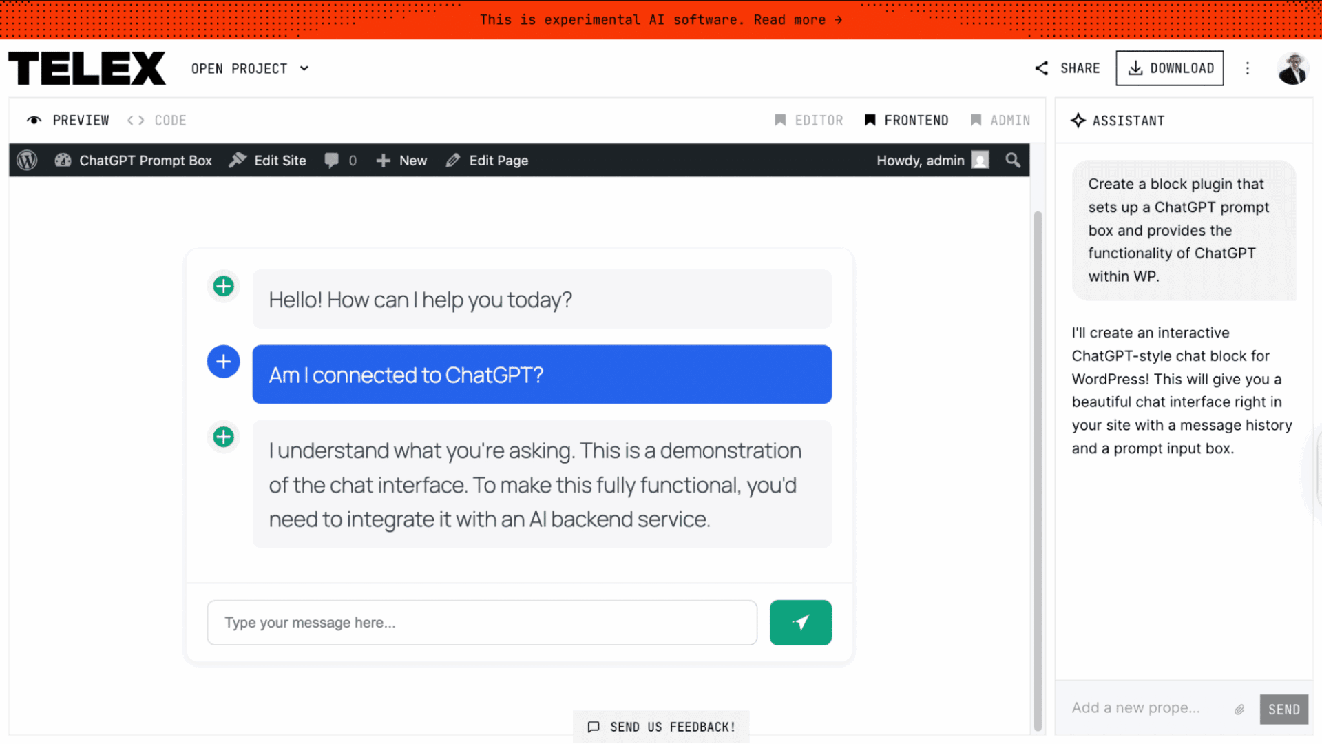 Frontend displaying the initial response generated from a prompt.