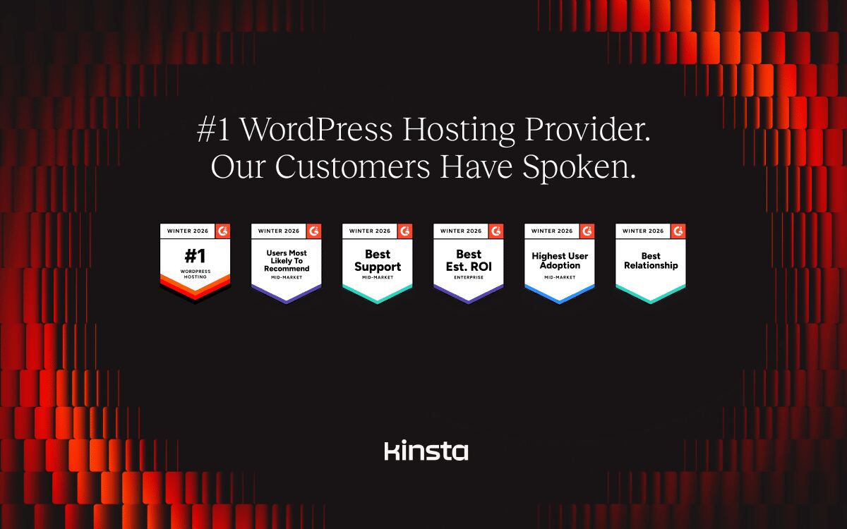 Kinsta's G2 recognition badges.