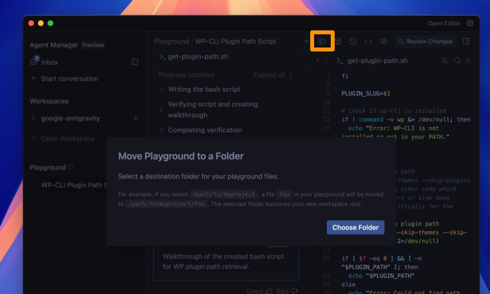 Google Antigravity move files to workspace