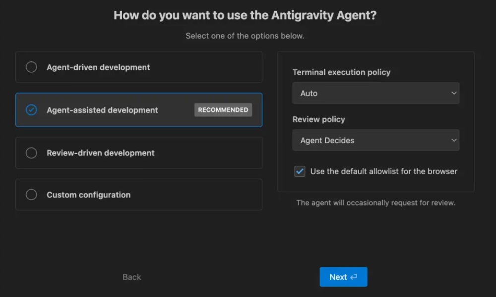 Google Antigravity setup workflow options screen