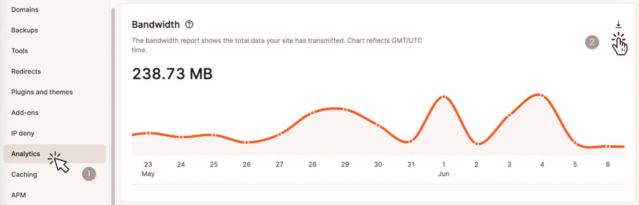 Kinsta Analytics dashboard showing website performance metrics.