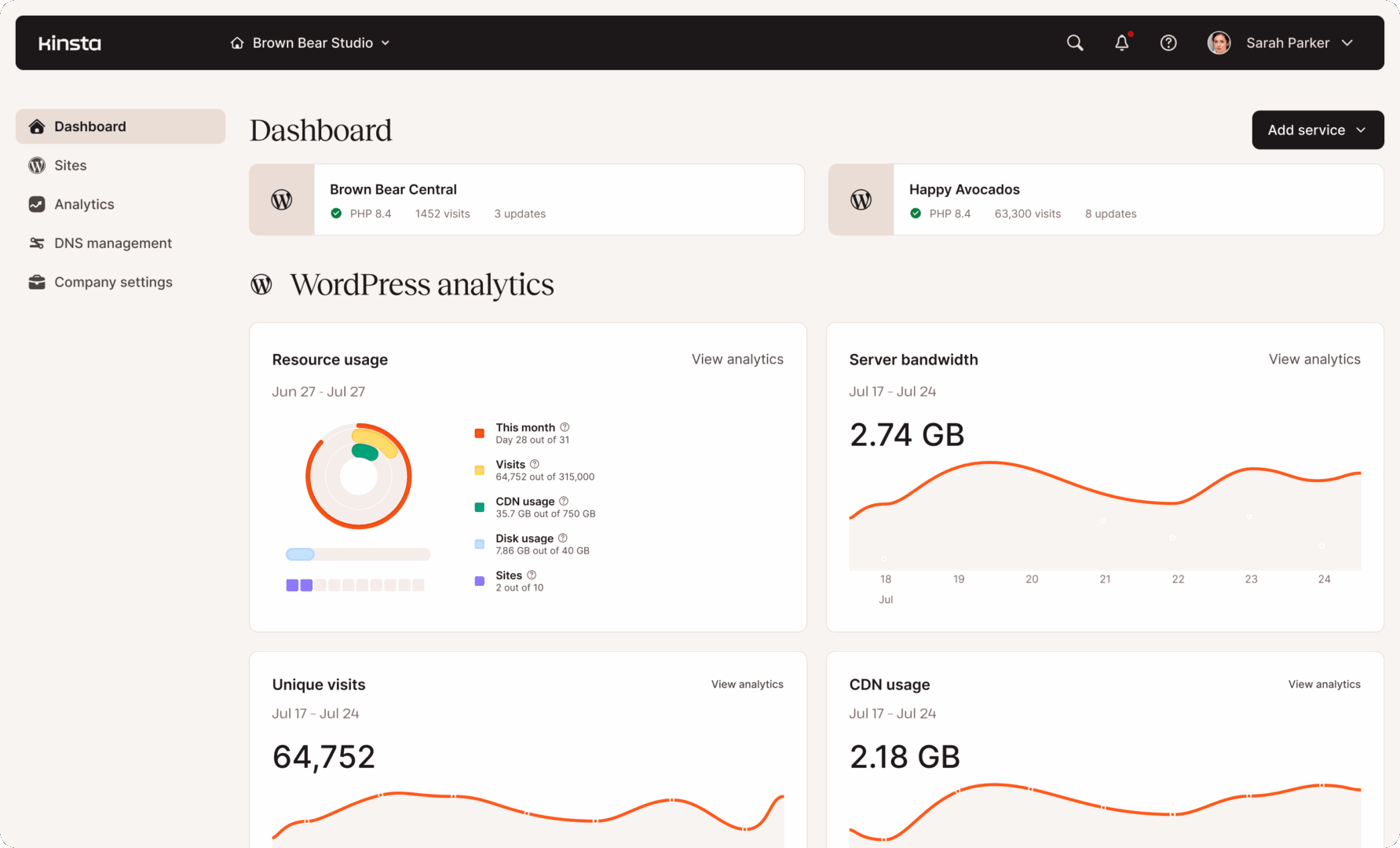 A screenshot of the MyKinsta user interface, showing some of the analytics charts and links to websites within the account.