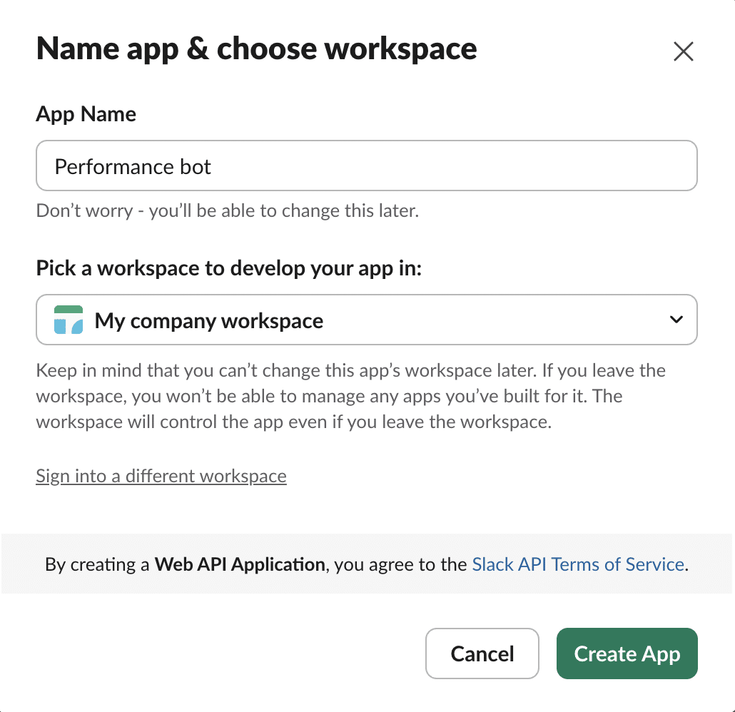 Choose App Name and select a workspace