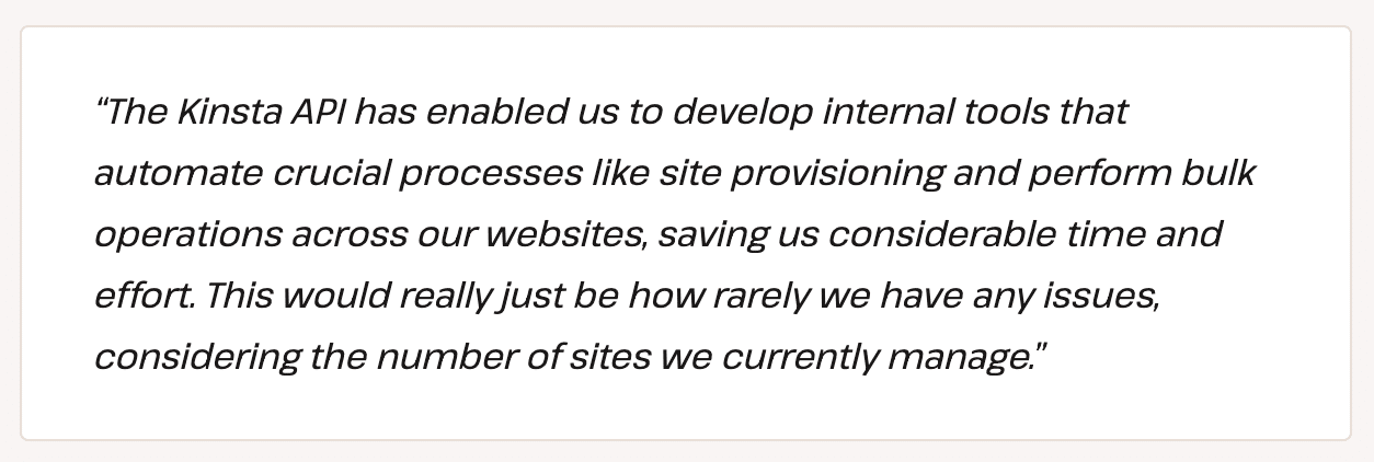 Sod case study quote about Kinsta API.
