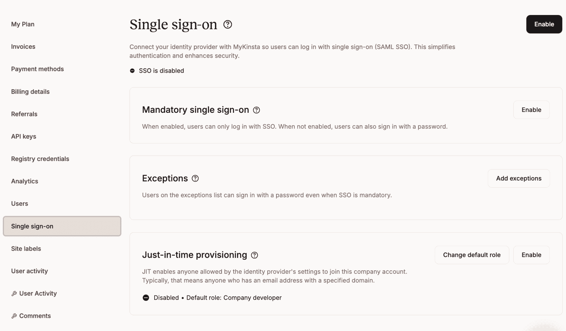 Enable SSO in MyKinsta
