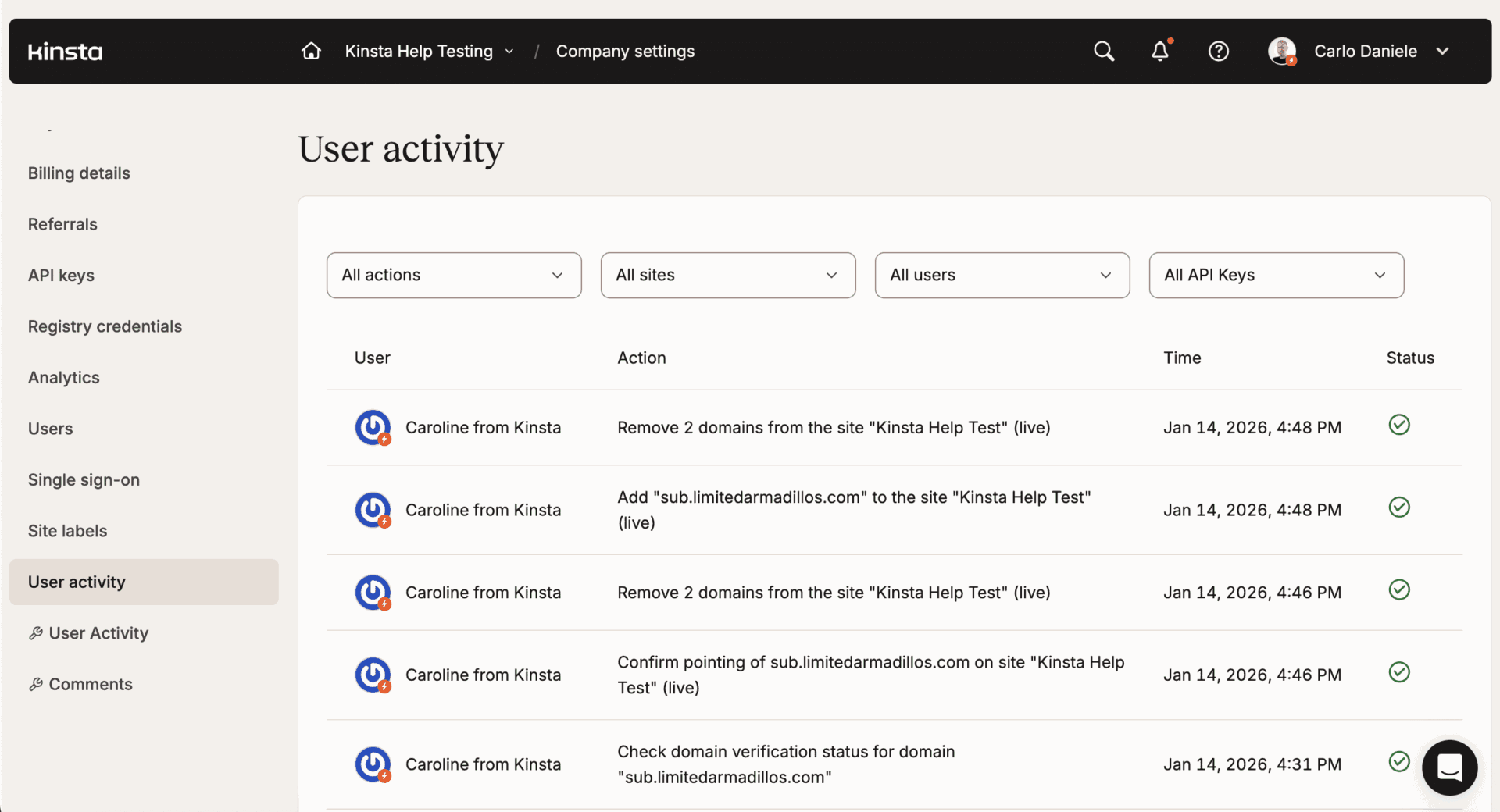 User activity in MyKinsta