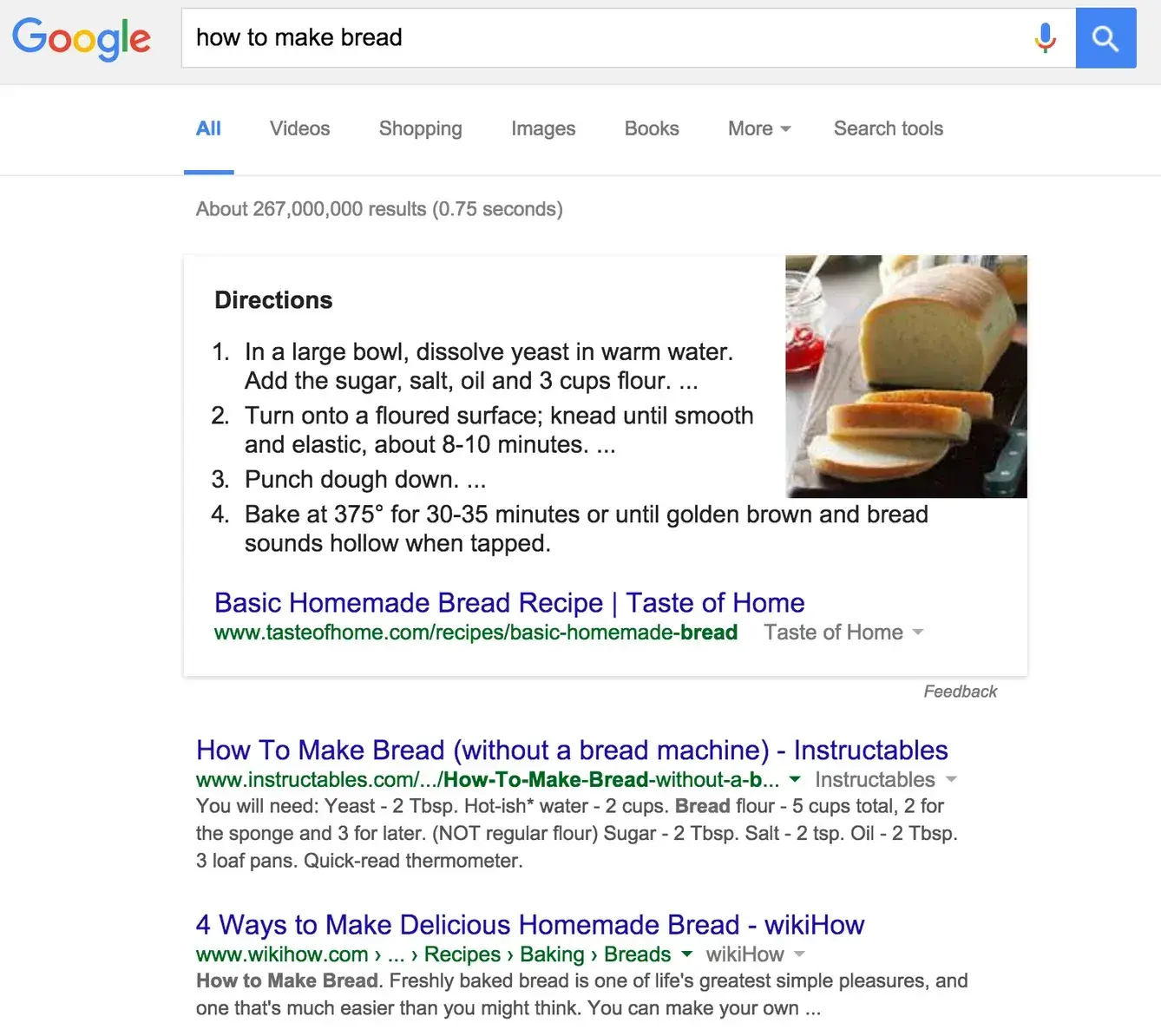 voice search optimization, featured snippet showing bread recipe