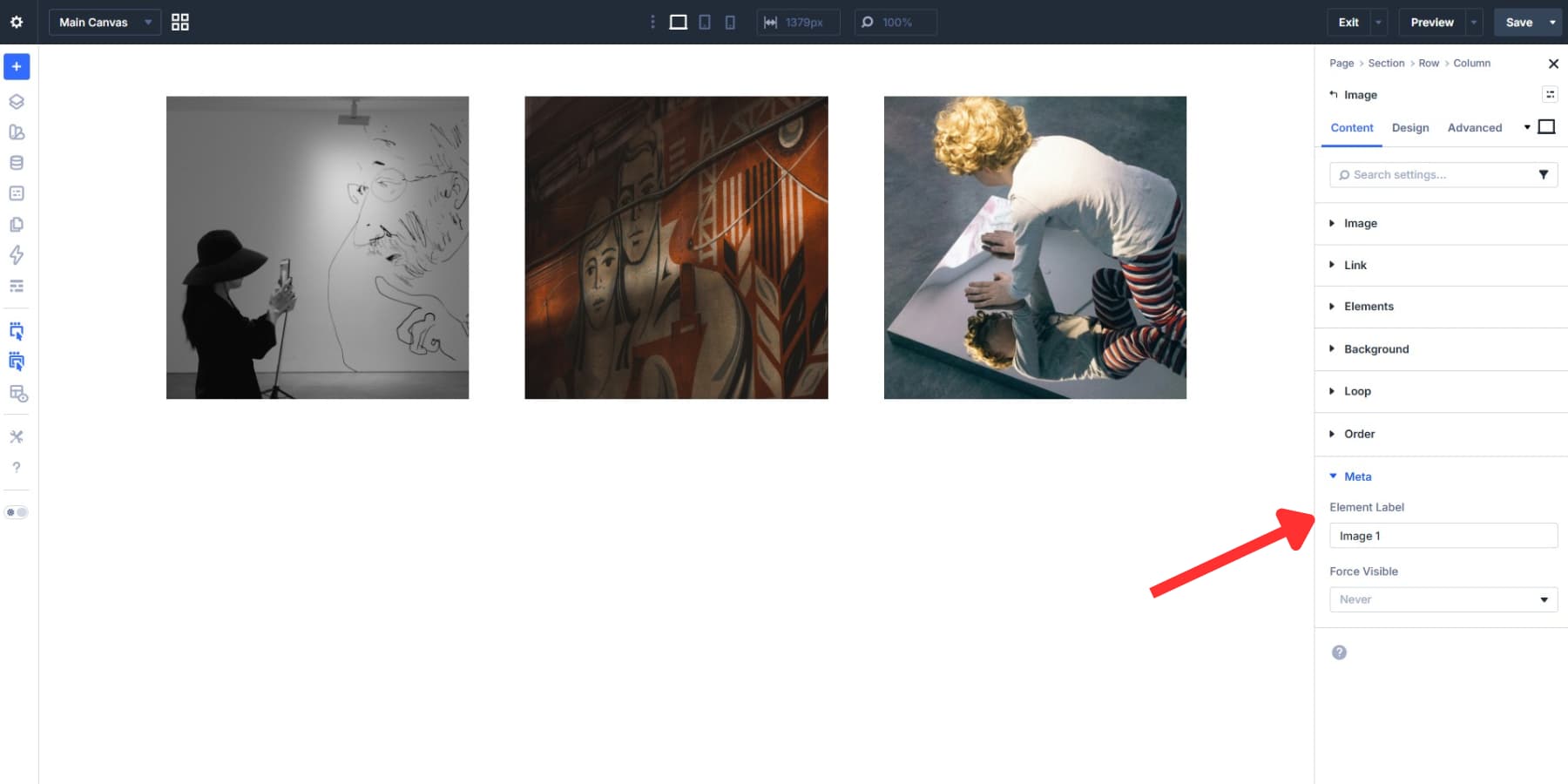 A screenshot of adding meta element labels for tilt images and columns