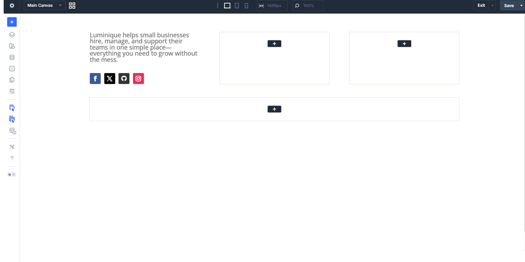 A screenshot of adding an intro and social media follow to the first column of the first row