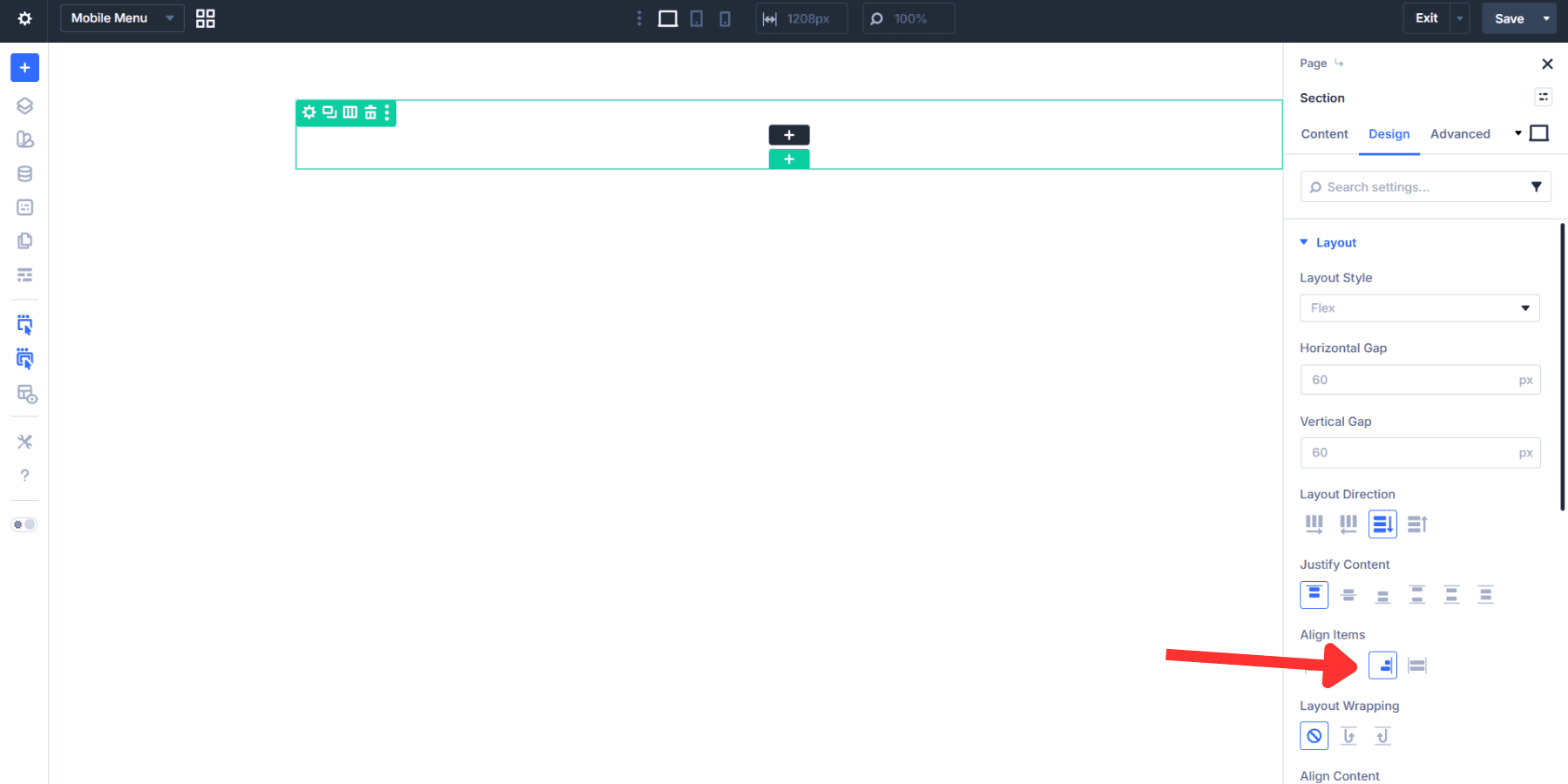 A screenshot of adding an item alignment to the row in Divi 5