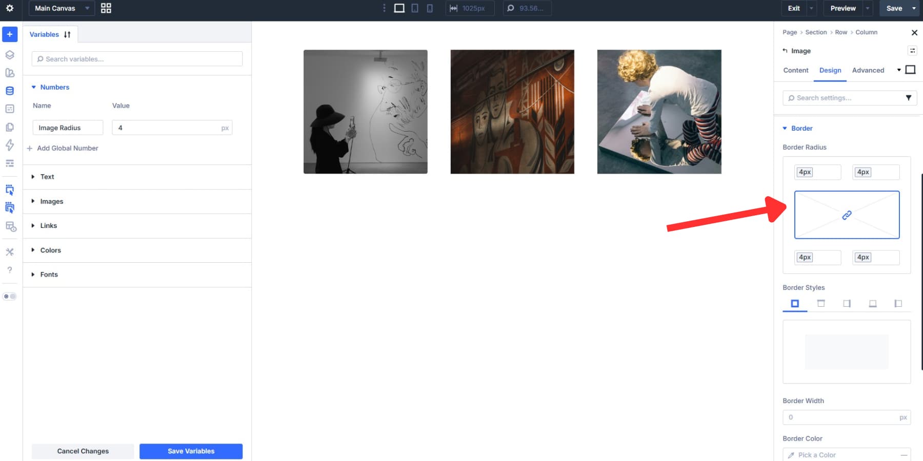 A screenshot of adding border radius to an image using Design Variables in Divi 5