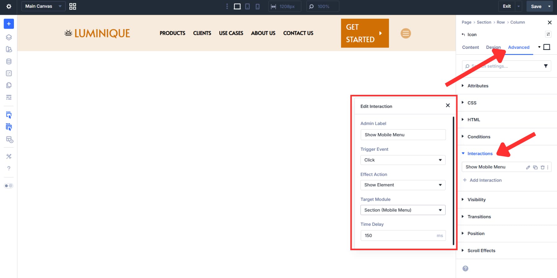 A screenshot of adding show mobile menu trigger interaction to the hamburger icon in Divi 5