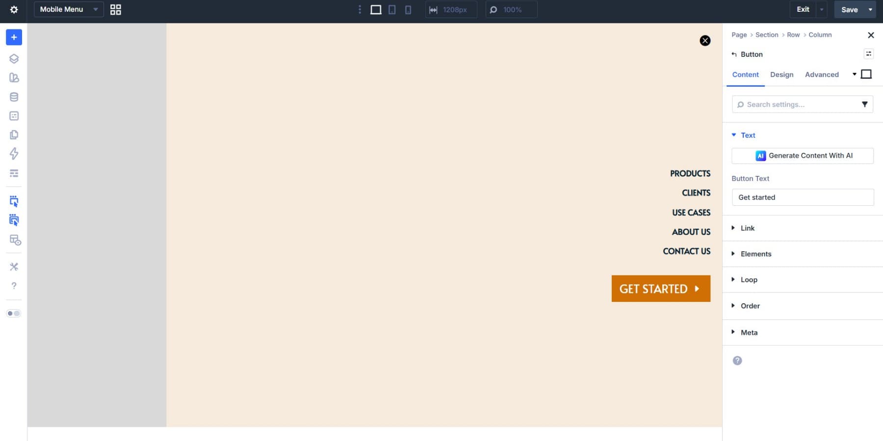 A screenshot of adding the CTA button to mobile menu canvas