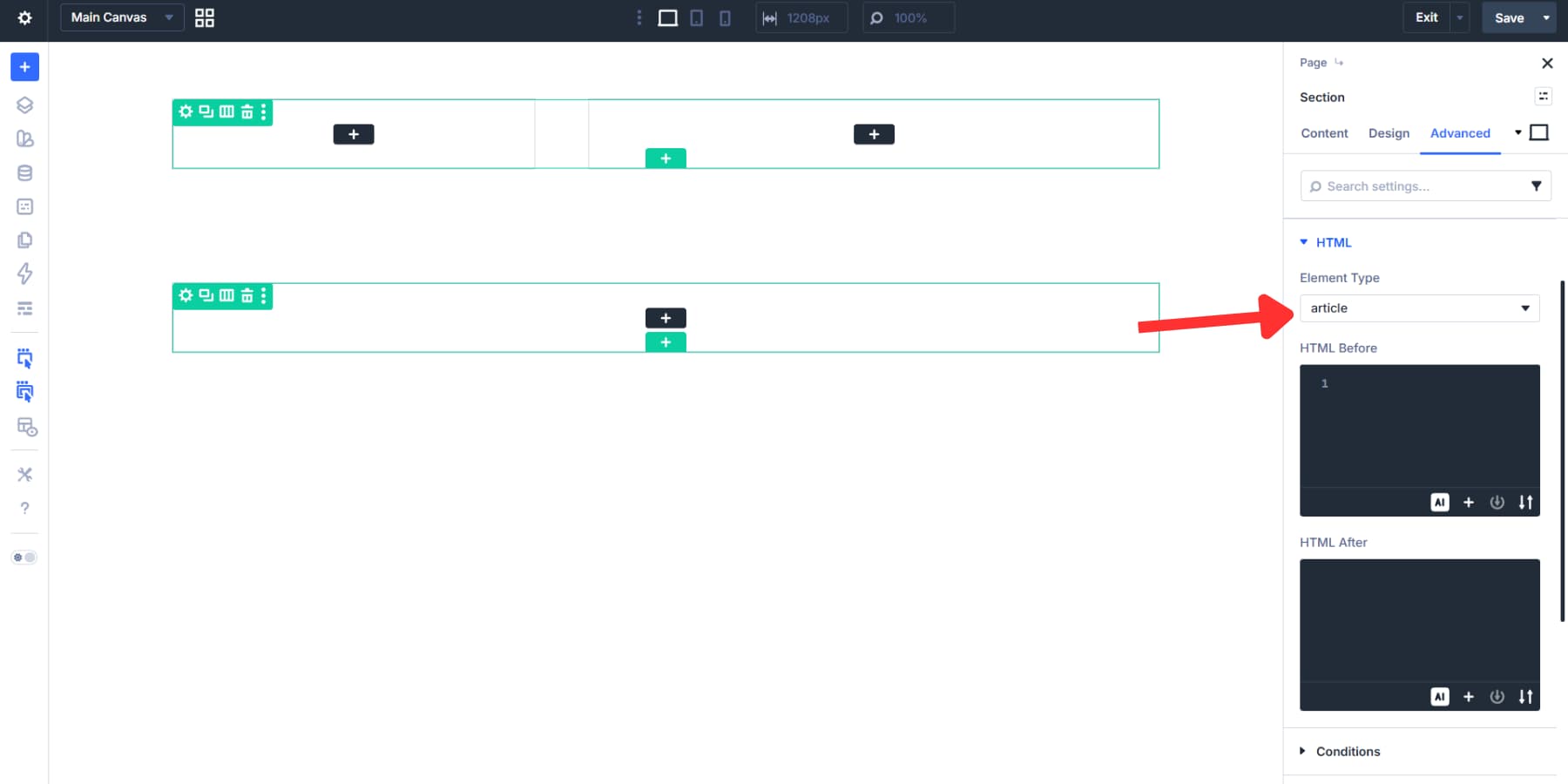 A screenshot of adding the article element type to the first section