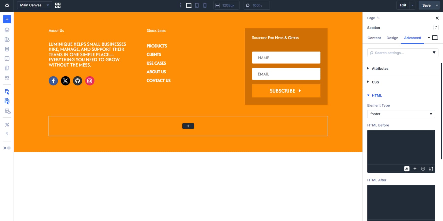 A screenshot of adding the footer wrapper to the footer